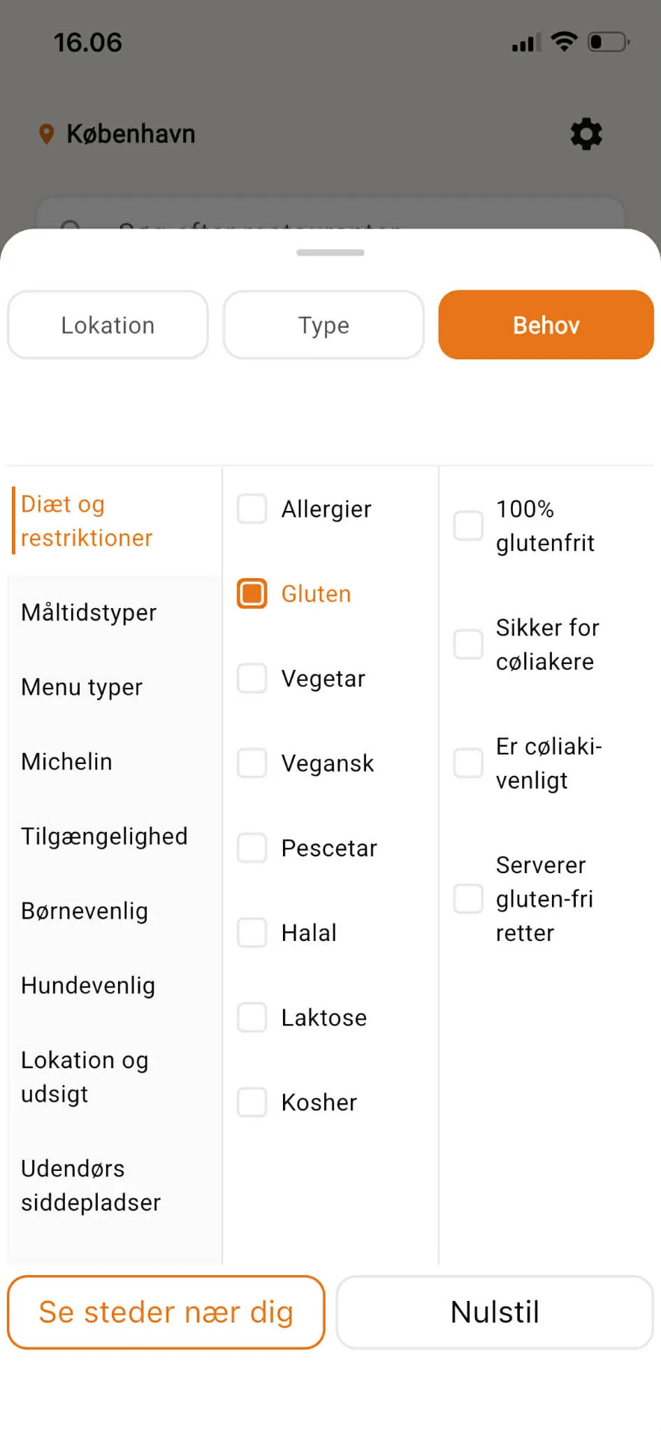 JourneyMate app viser restaurantresultater i København